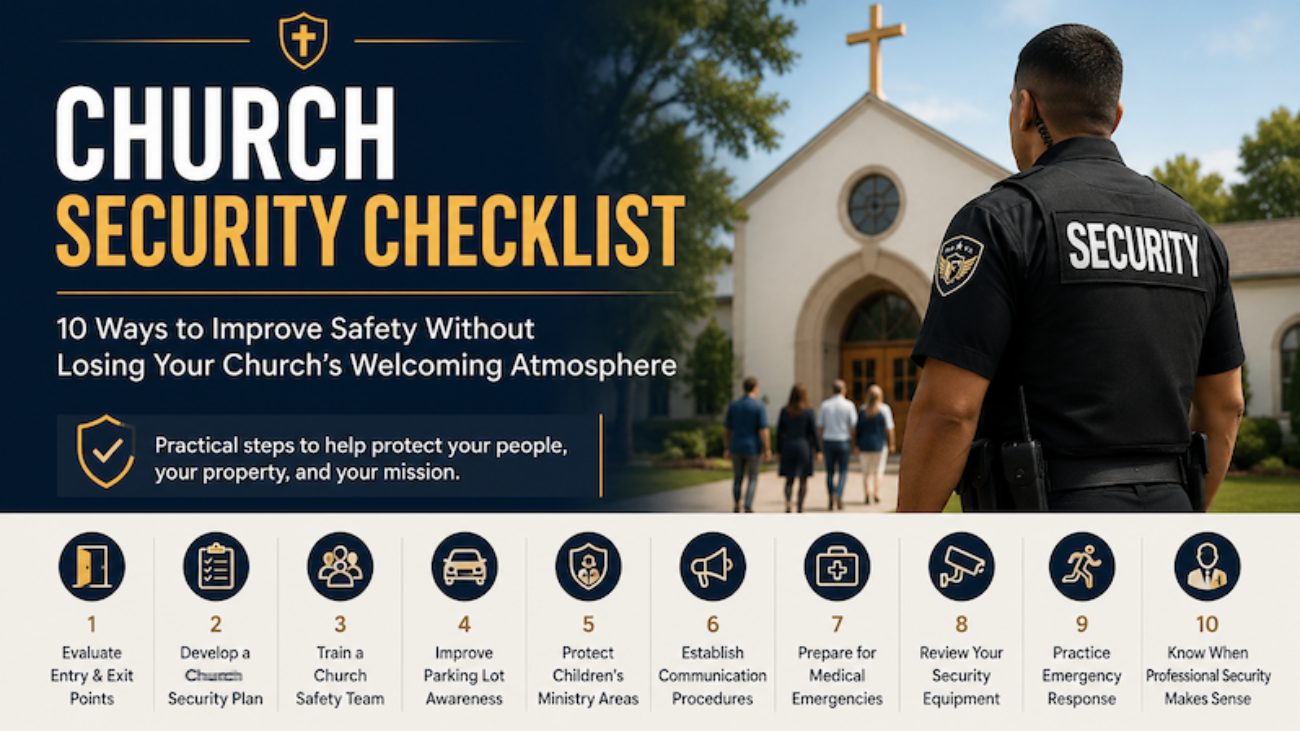 church security checklist and a security guard standing out in front of a church as people enter to worship