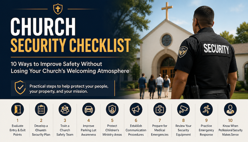 church security checklist and a security guard standing out in front of a church as people enter to worship