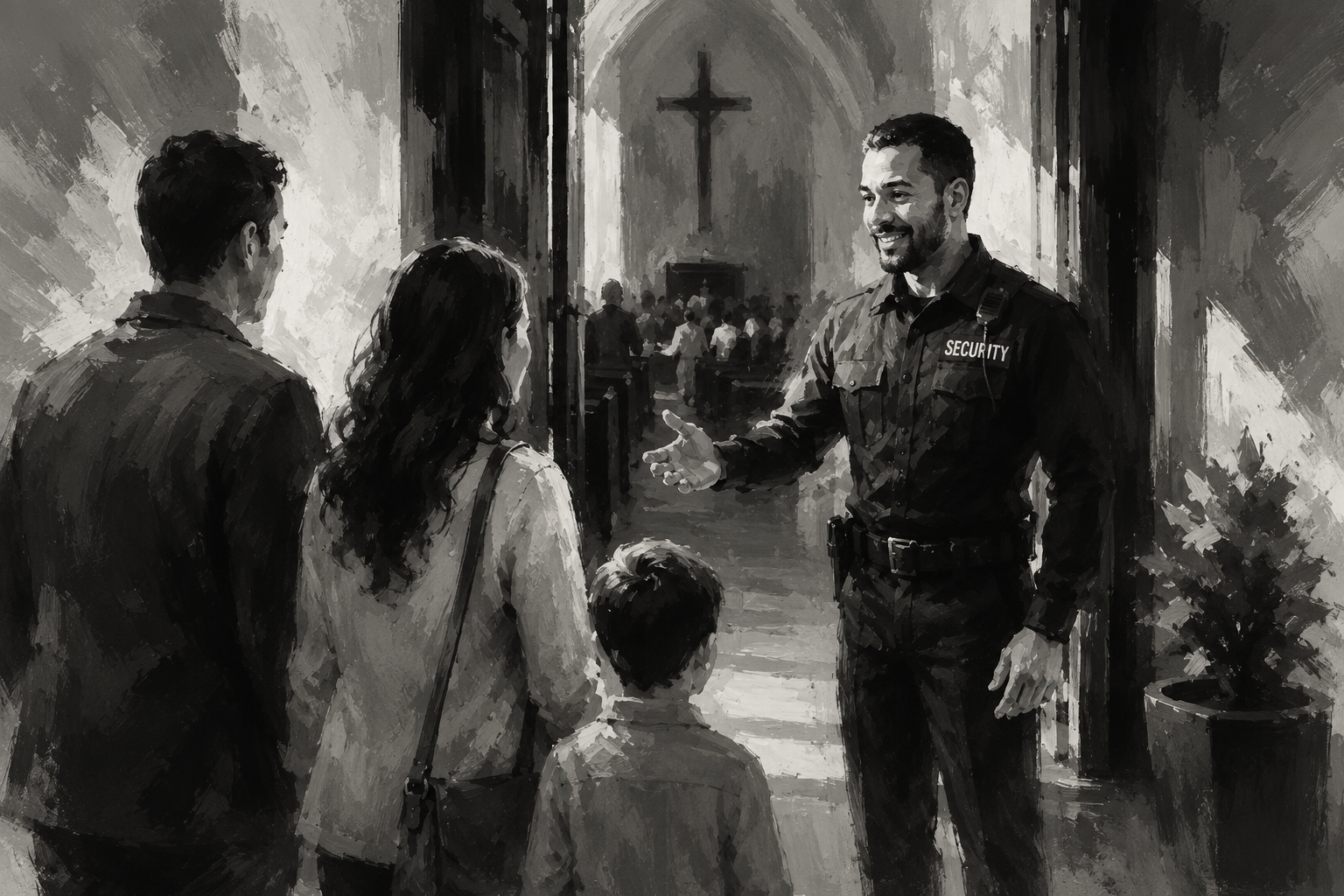 Church security officer greeting visitors
